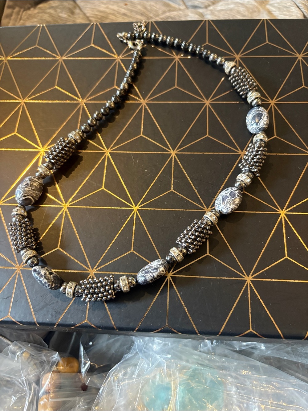 Silver-Tone Beaded Women's Necklace - Elegant Black and Silver Design